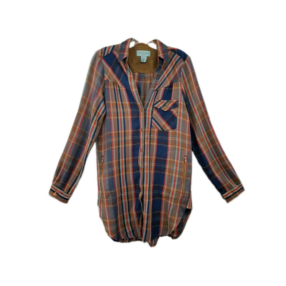 Tasha Polizzi Button Up Shirt Size M Plaid Tan Blue Red Tunic Length Zip Pockets
